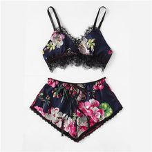 Load image into Gallery viewer, Trim Floral Print Satin Lingerie Set