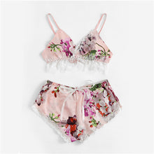 Load image into Gallery viewer, Trim Floral Print Satin Lingerie Set