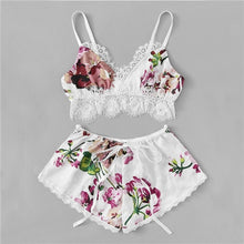 Load image into Gallery viewer, Trim Floral Print Satin Lingerie Set