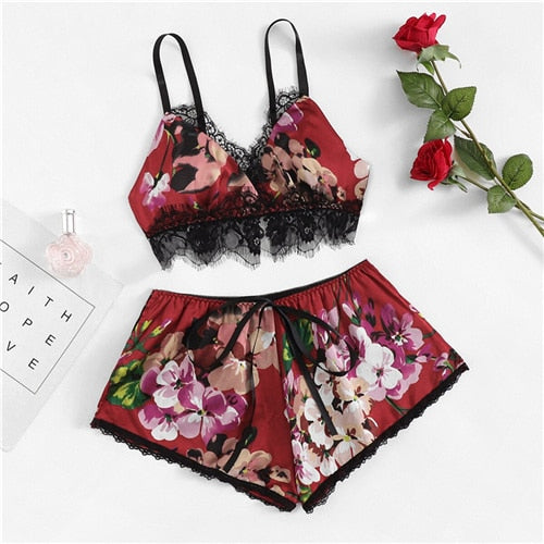 Trim Floral Print Satin Lingerie Set
